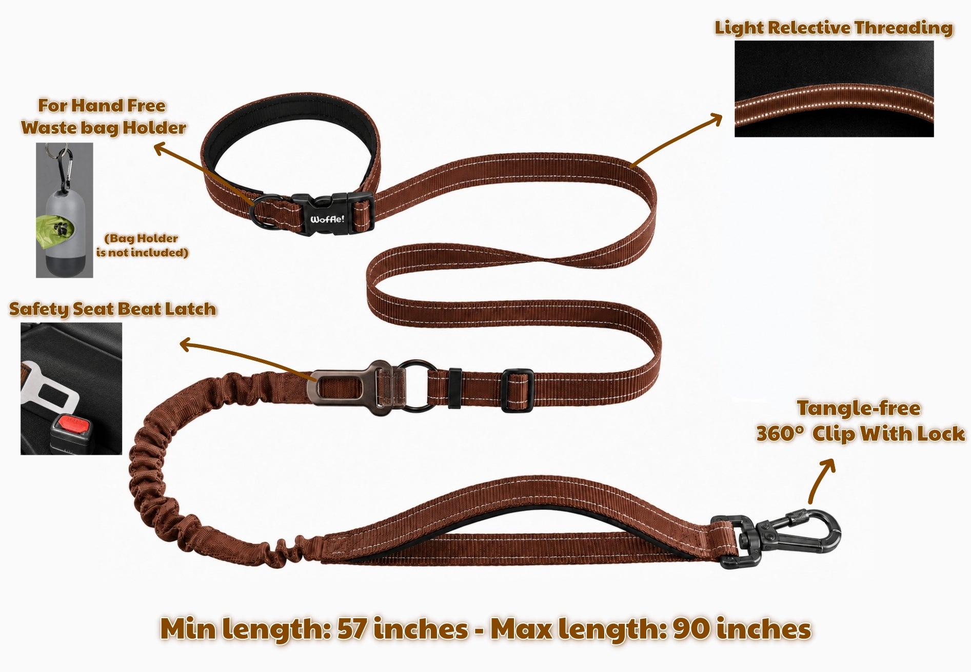 Hands Free Dog Leash with Car Seat Belt Clip for Walking Running and Training